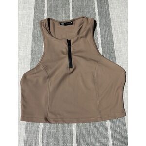 Zara Womens Large Taupe Brown Quarter Zip High Neck Racerback Athletic Crop Top